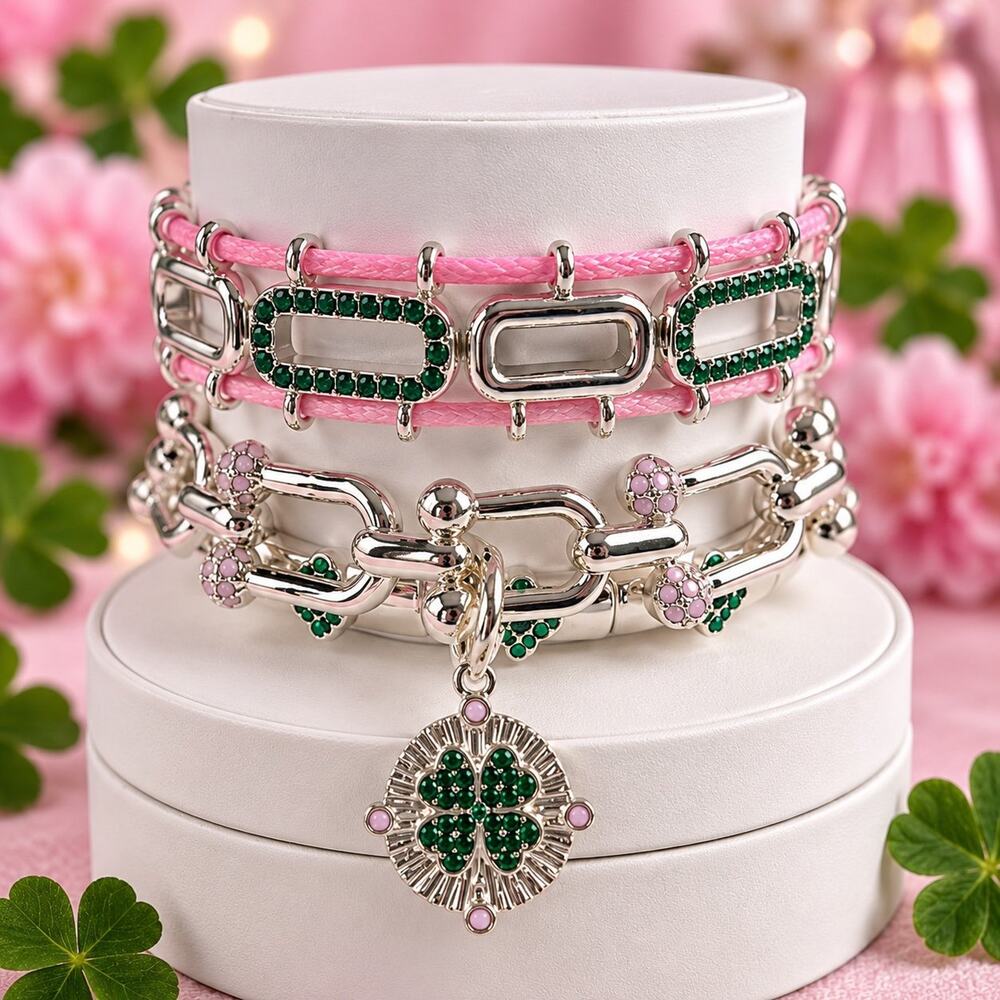 Bomb Party Cover Me In Clovers bracelet stack, style ST73701.